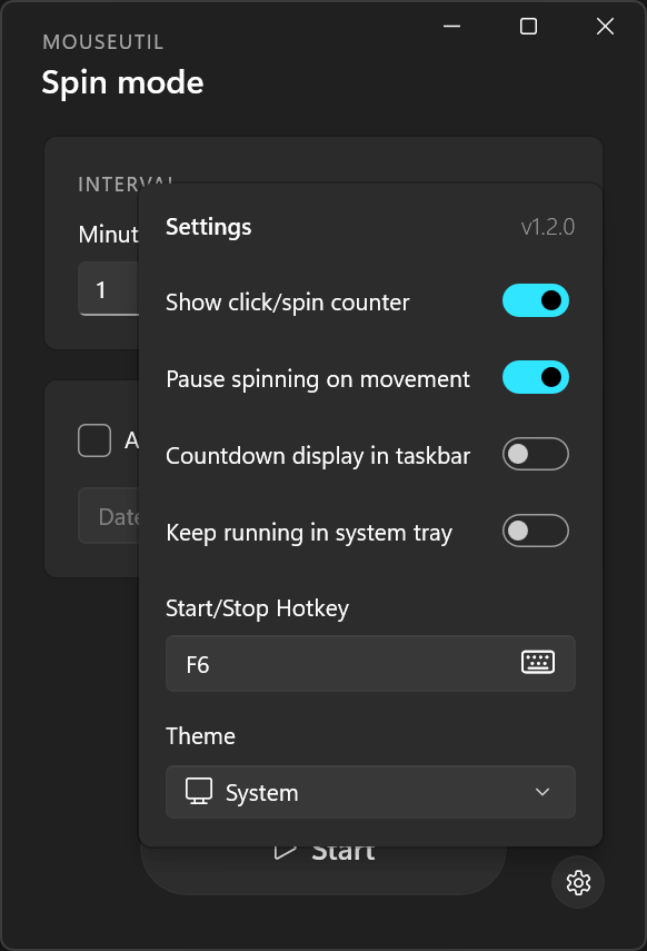 Settings panel